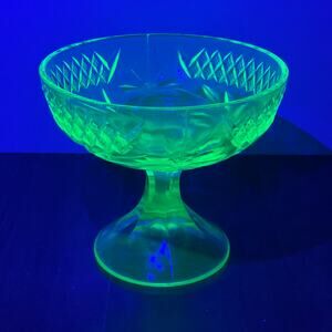 Green Uranium Glowing Glass Pedestal Sherbet Dish Bowl